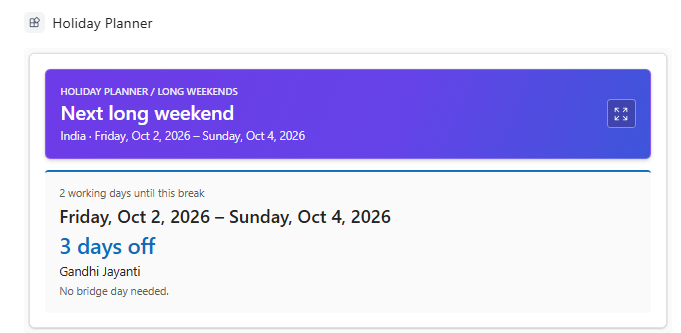Inline next long weekend card
