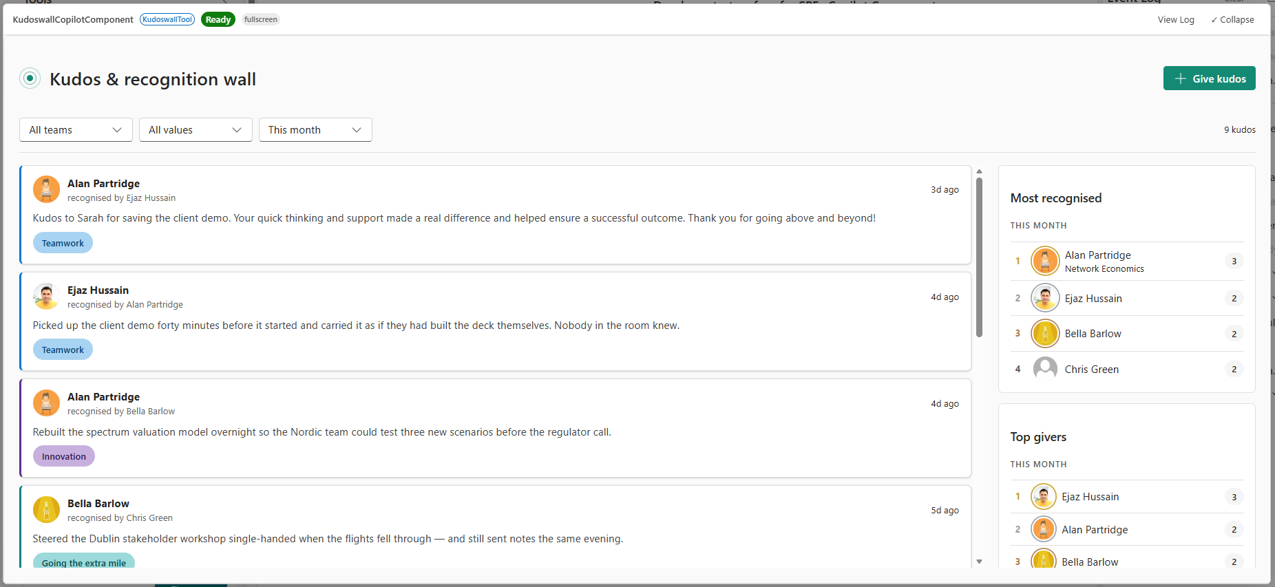 Expanded recognition wall with feed, filters and leaderboards