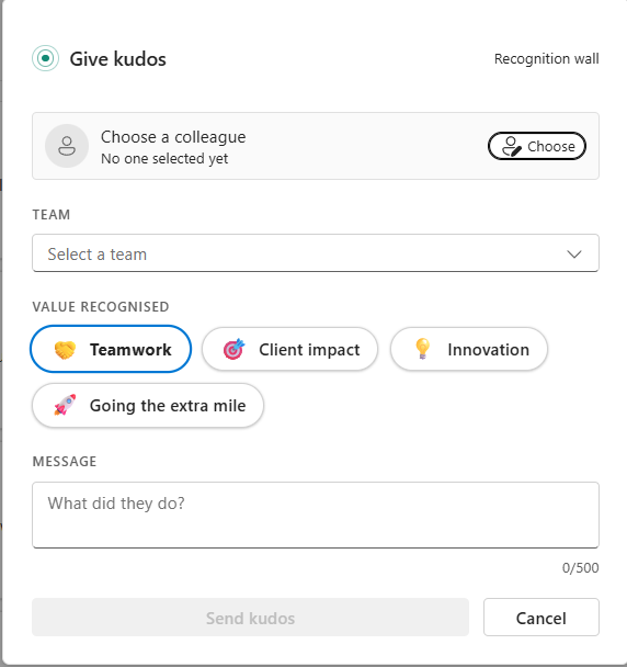 Give kudos dialog for choosing a colleague, team, value and message