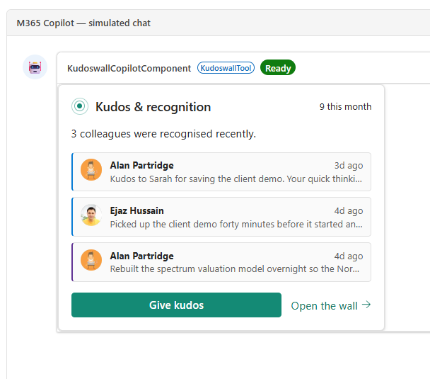 Inline Kudos card inside a Microsoft 365 Copilot chat