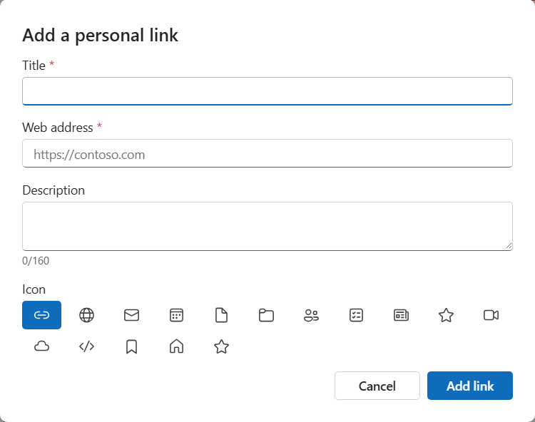 Add a personal link dialog with the curated Fluent icon picker