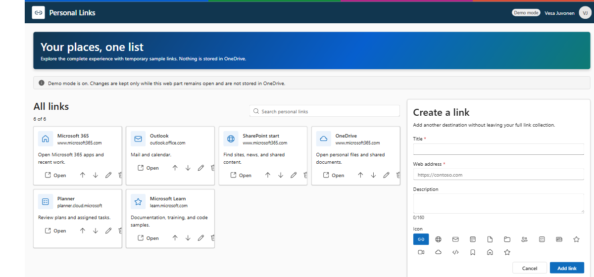 Full Personal Links experience with the link collection and always-available editor