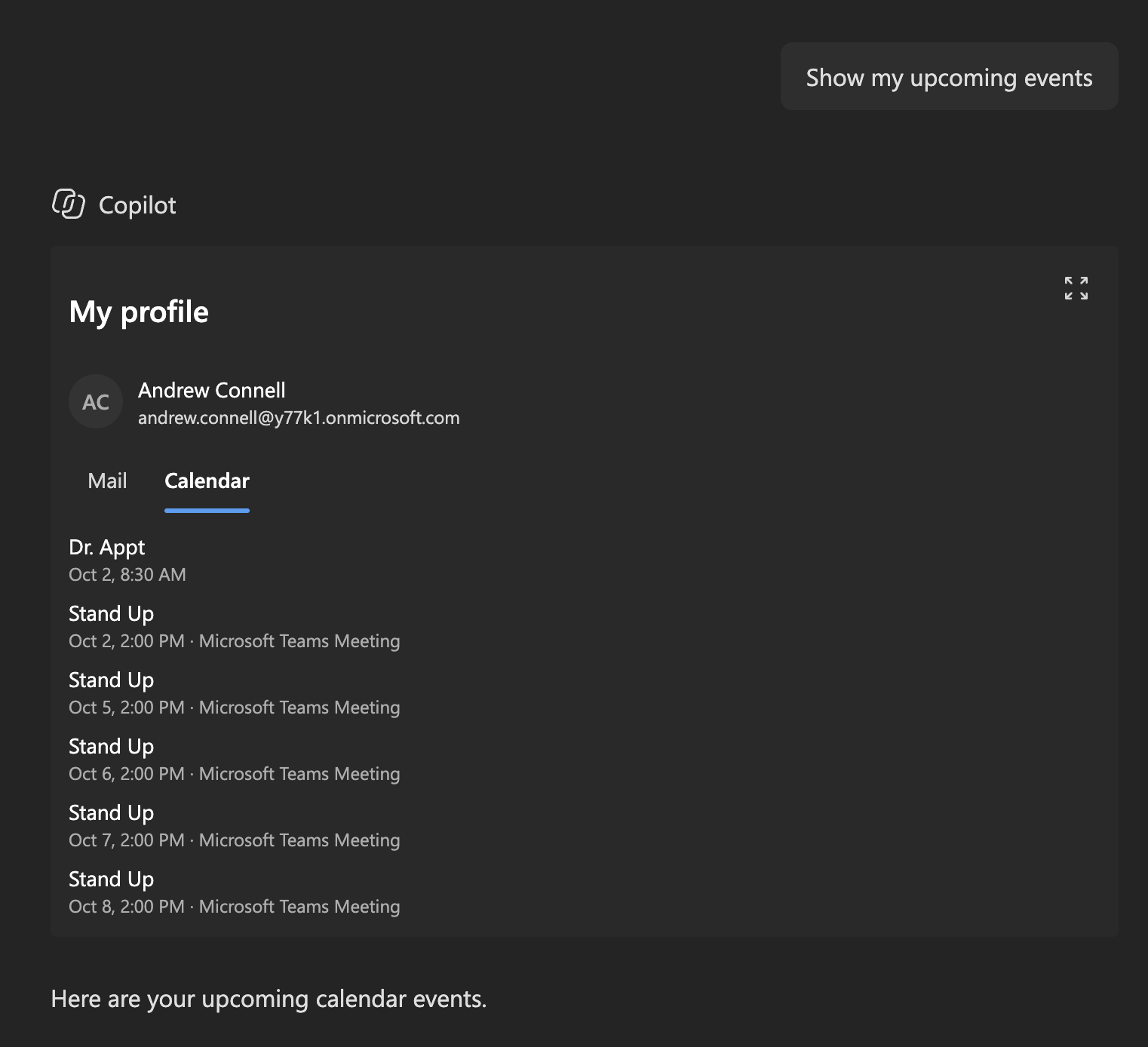 The MyProfile component in Microsoft 365 Copilot showing the user's profile and upcoming events