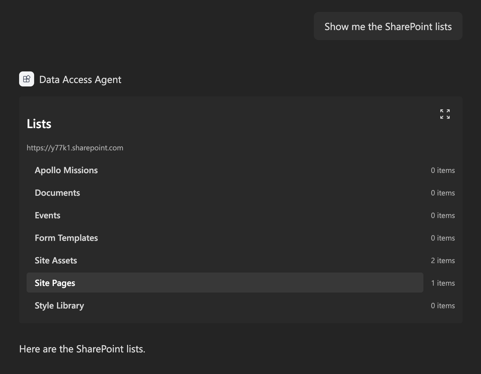 The SharePointLists component in Microsoft 365 Copilot showing the lists on a SharePoint site