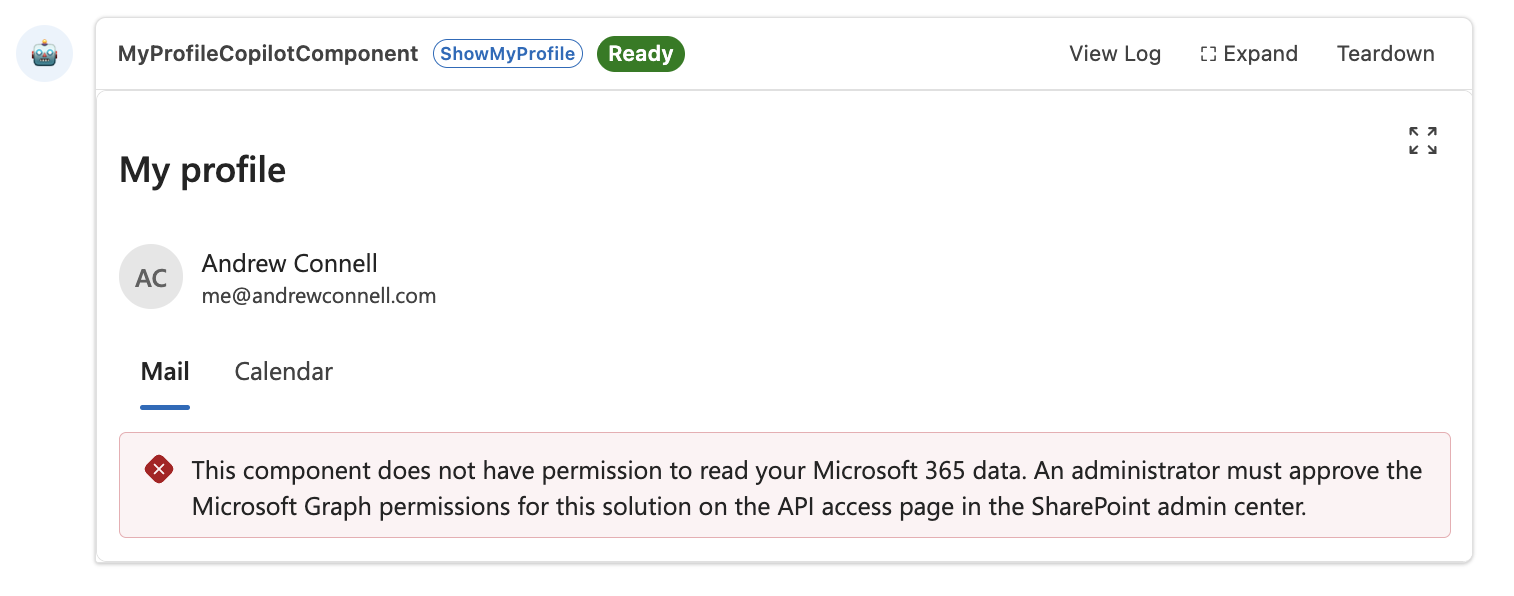 The MyProfile component showing a message that the Mail.Read permission isn't approved