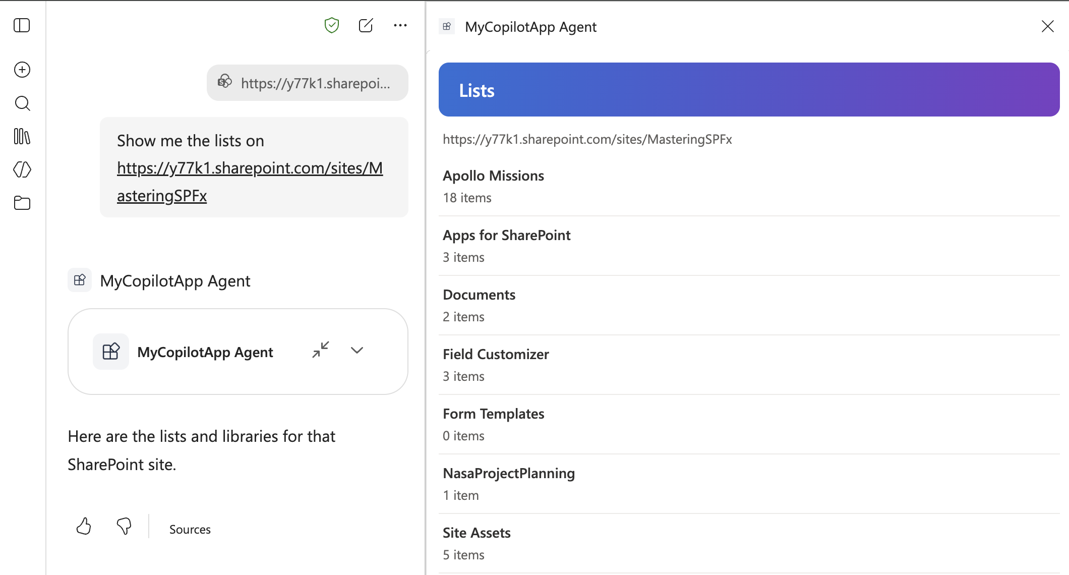 Microsoft 365 Copilot showing the lists on a SharePoint site in the MyCopilotApp component