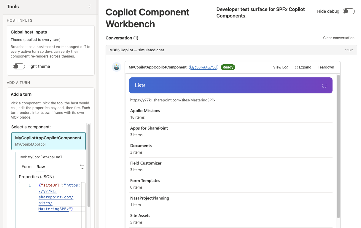 The MyCopilotApp component showing the lists on a site in the Copilot Workbench