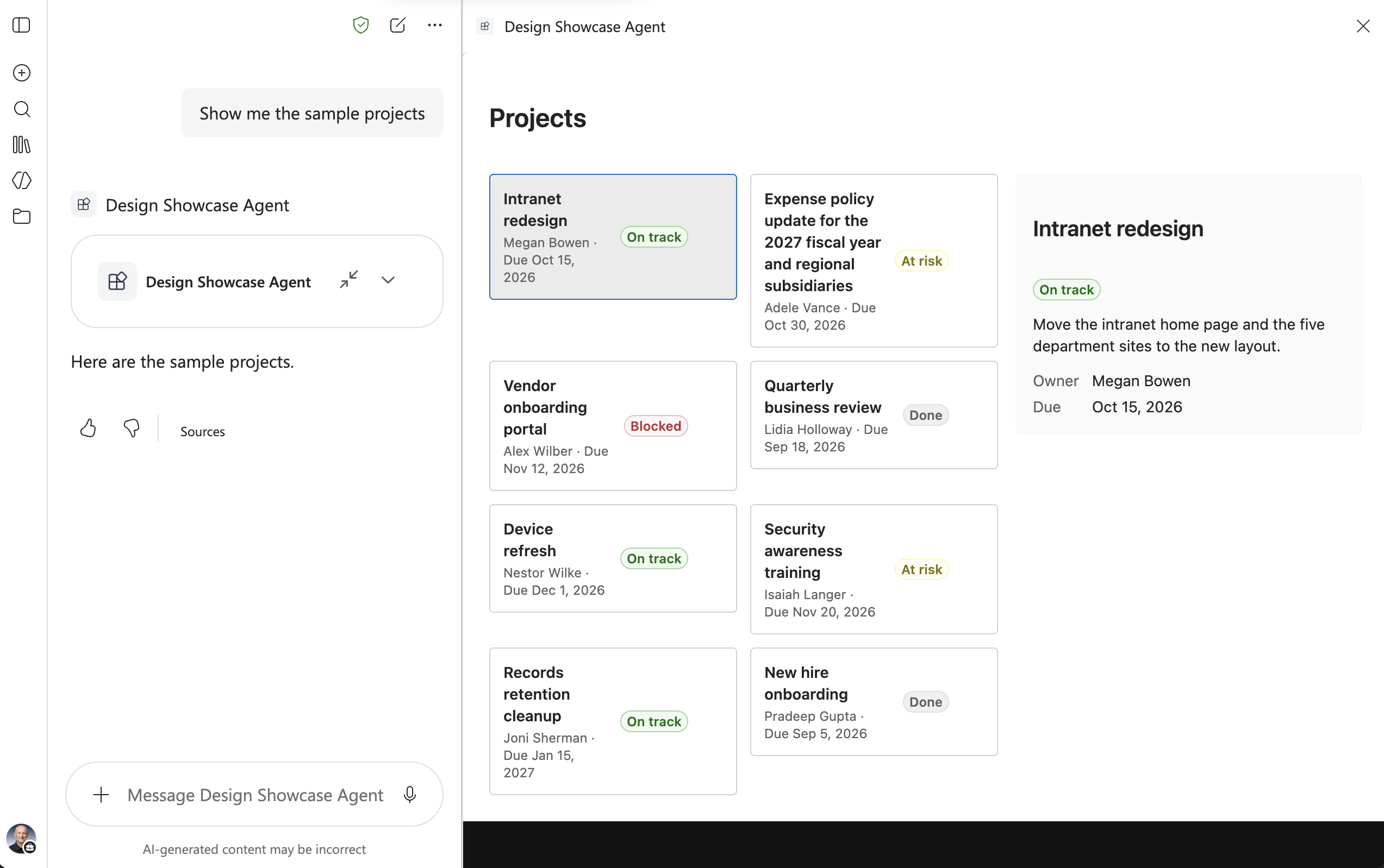 The DesignShowcase component in Microsoft 365 Copilot in the fullscreen display mode and light theme, with a selected project card and its details