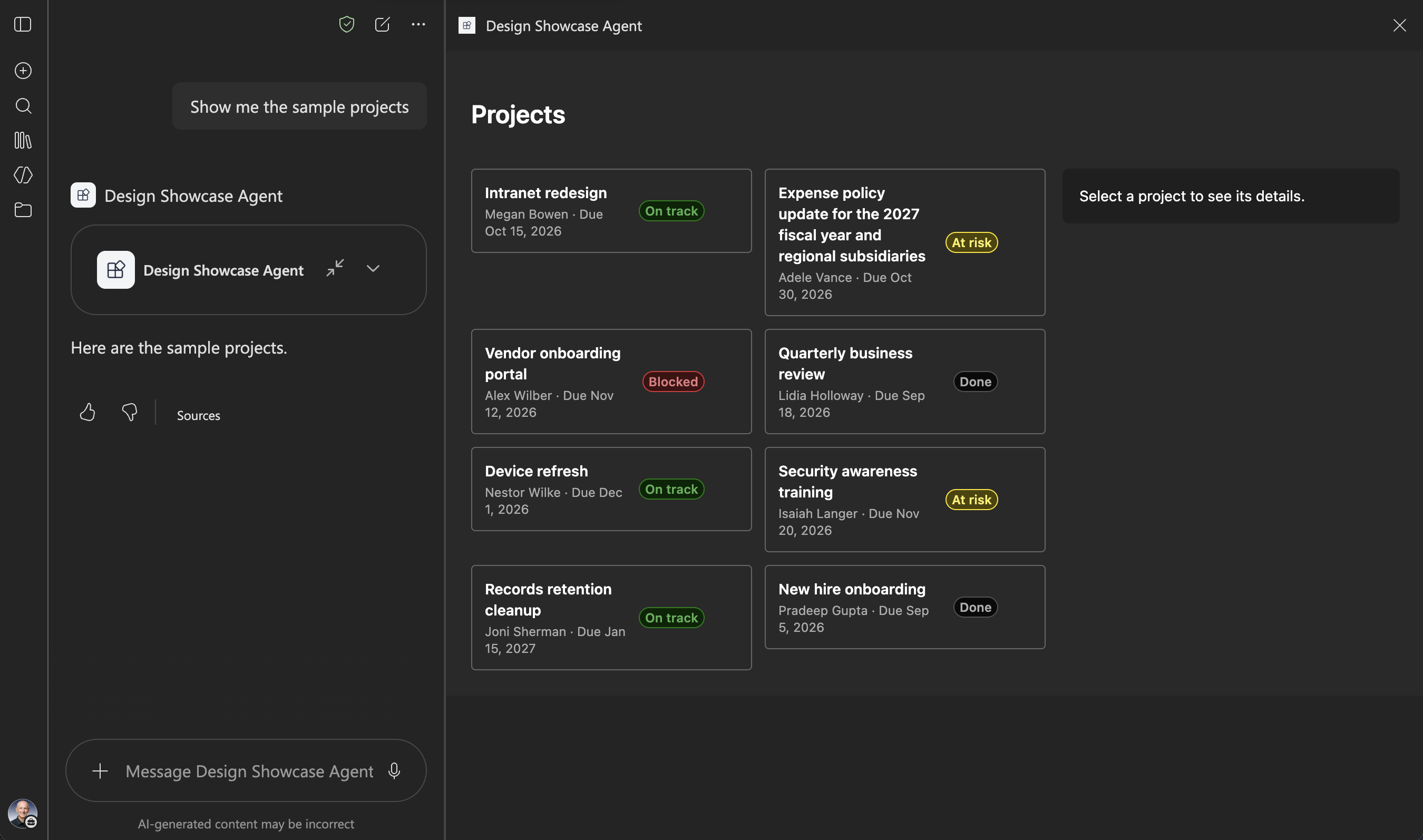 The DesignShowcase component in the fullscreen display mode and dark theme, showing all eight project cards and an empty details pane