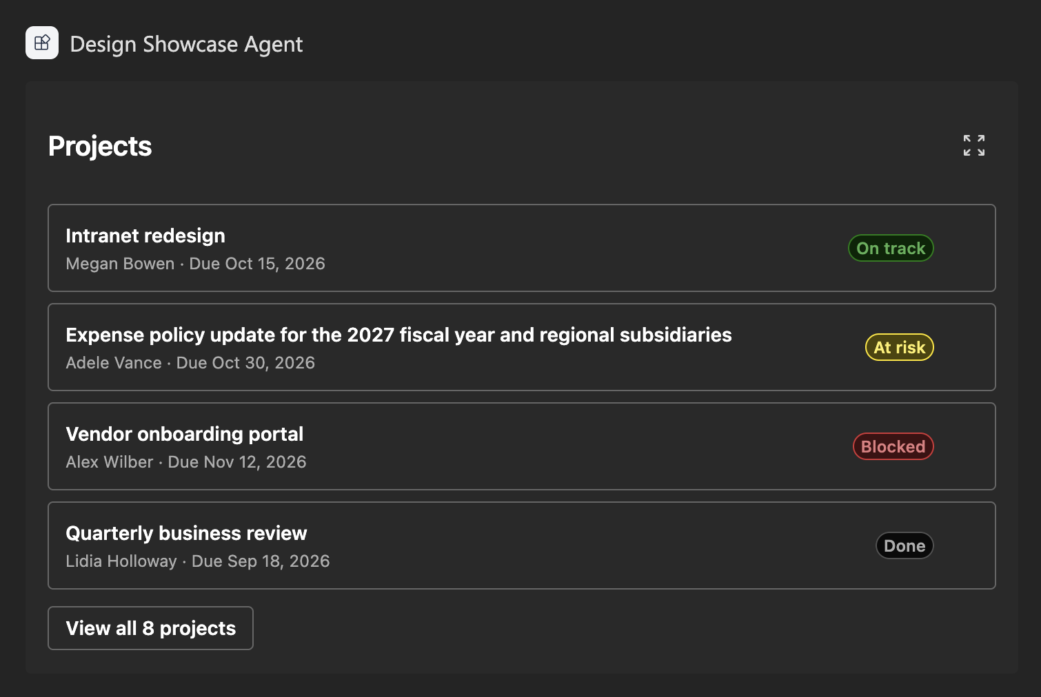 The DesignShowcase component in the inline display mode and dark theme