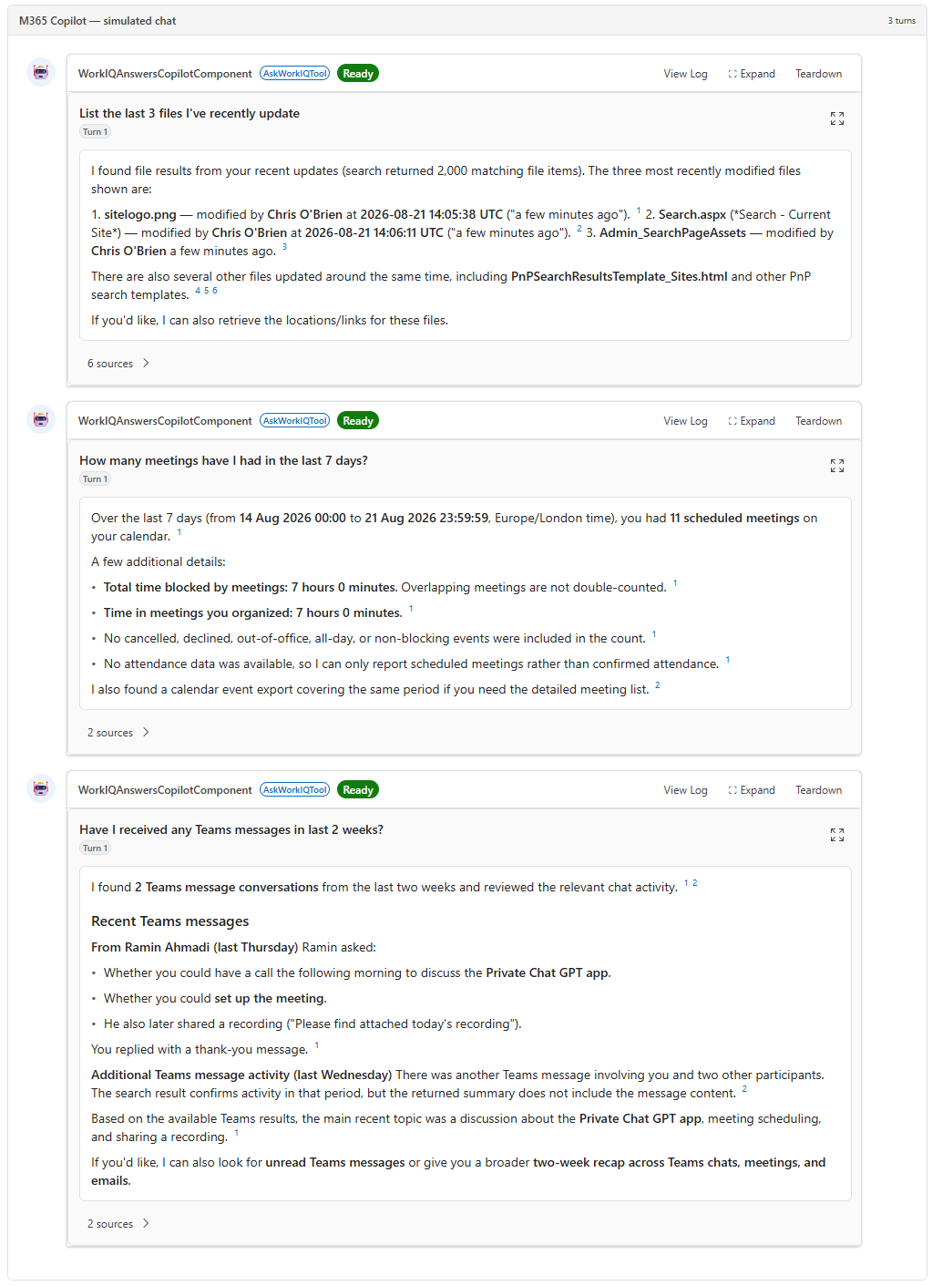 Work IQ Answers rendering a cited answer with entity chips and a grouped source panel