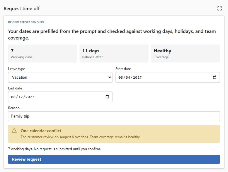 Inline time off request with editable prompt-derived values