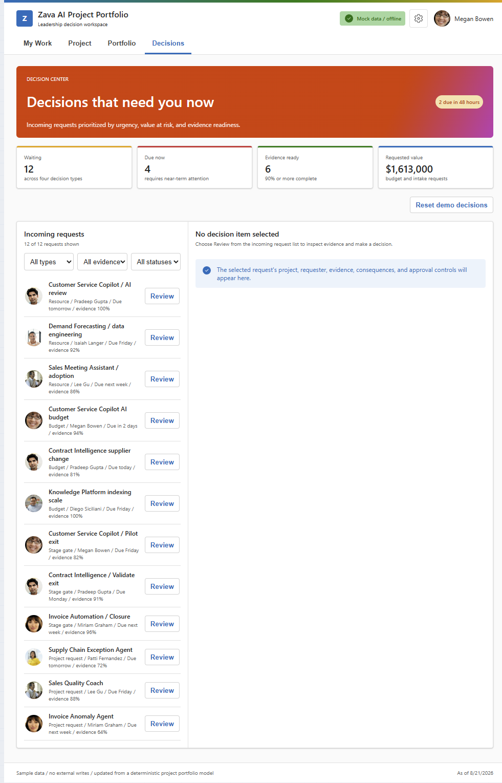 Full-screen Decisions inbox