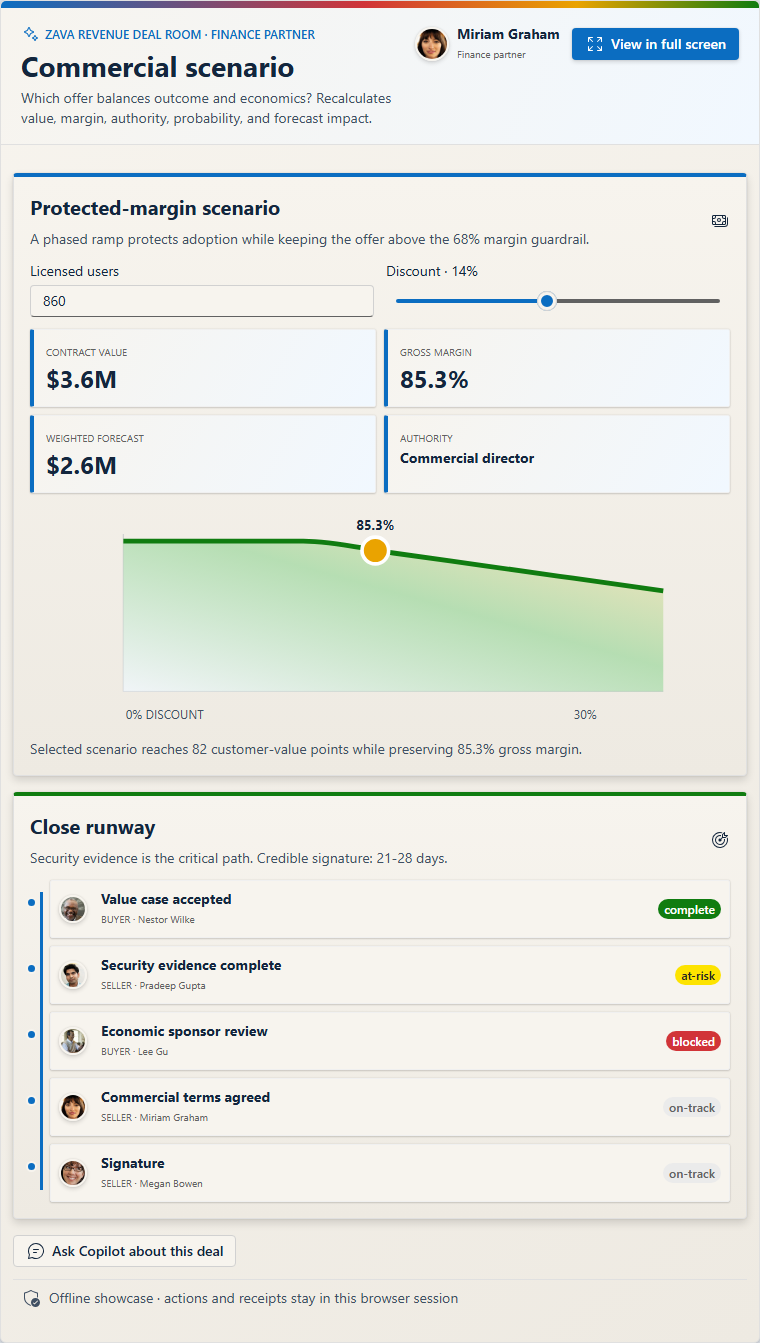 Commercial scenario with live value, margin, authority, and forecast calculations