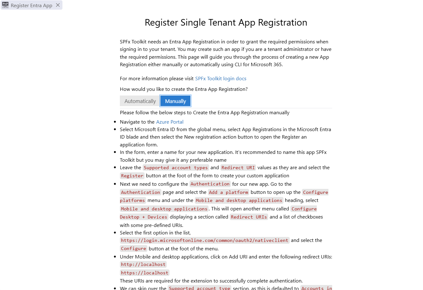 entra app reg manual form
