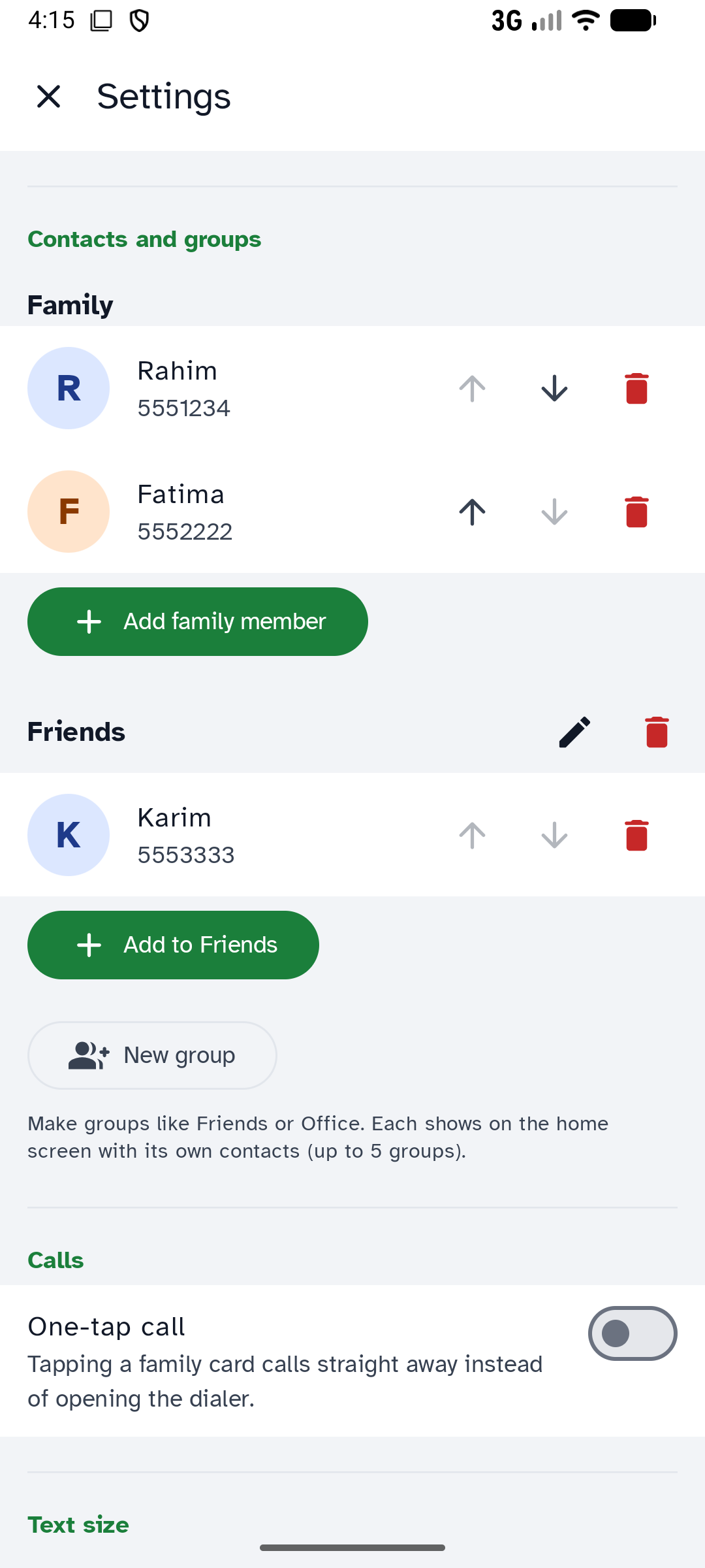 Settings: contacts and groups