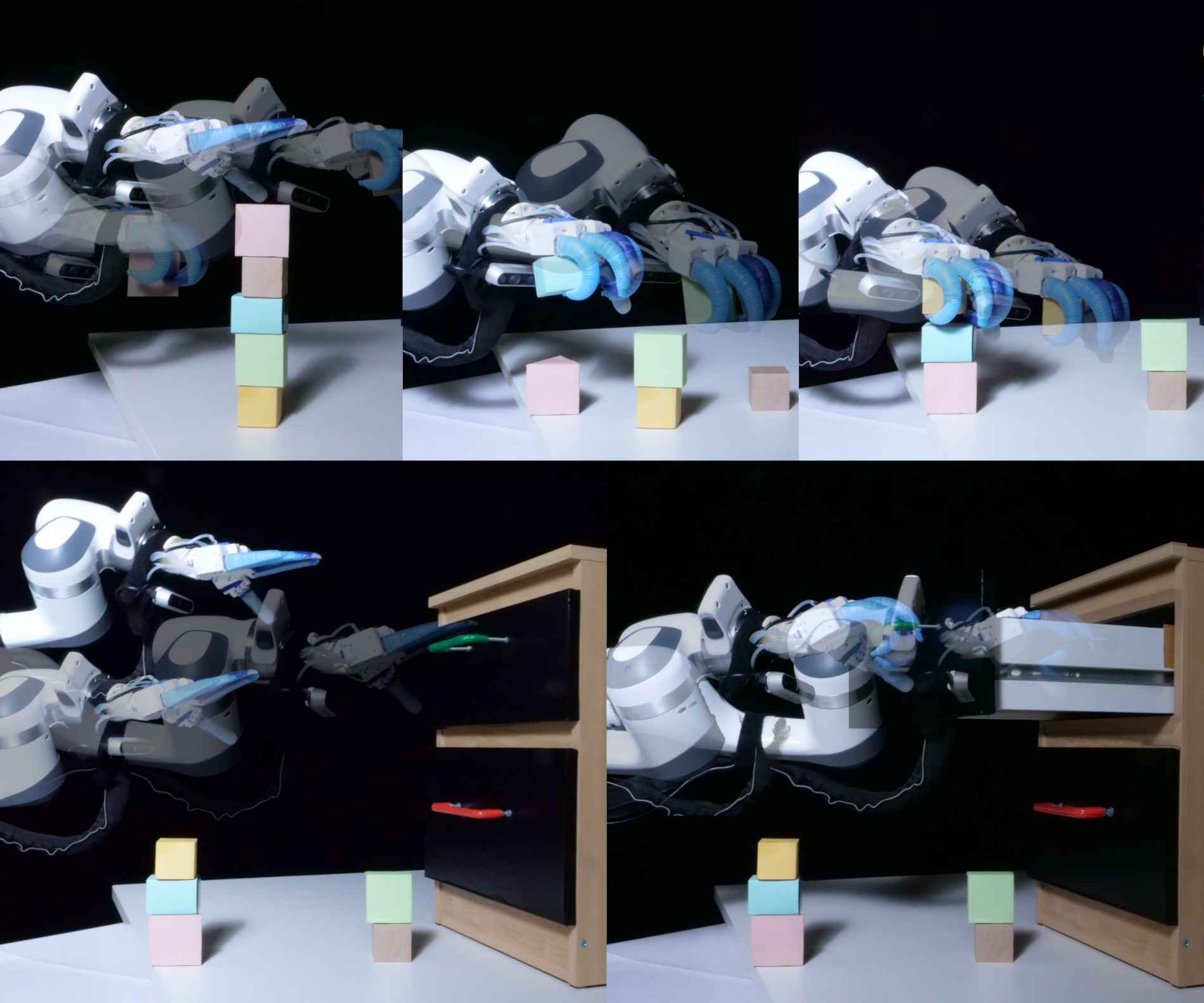 Paper title figure — Blocks World and drawer manipulation