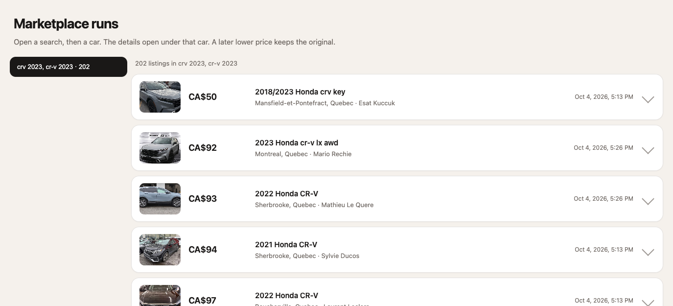 Search list with listing rows