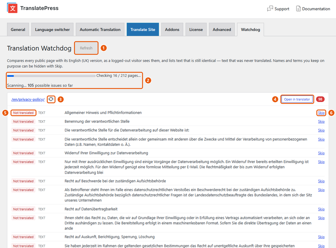 The Watchdog tab during a scan: results appear page by page