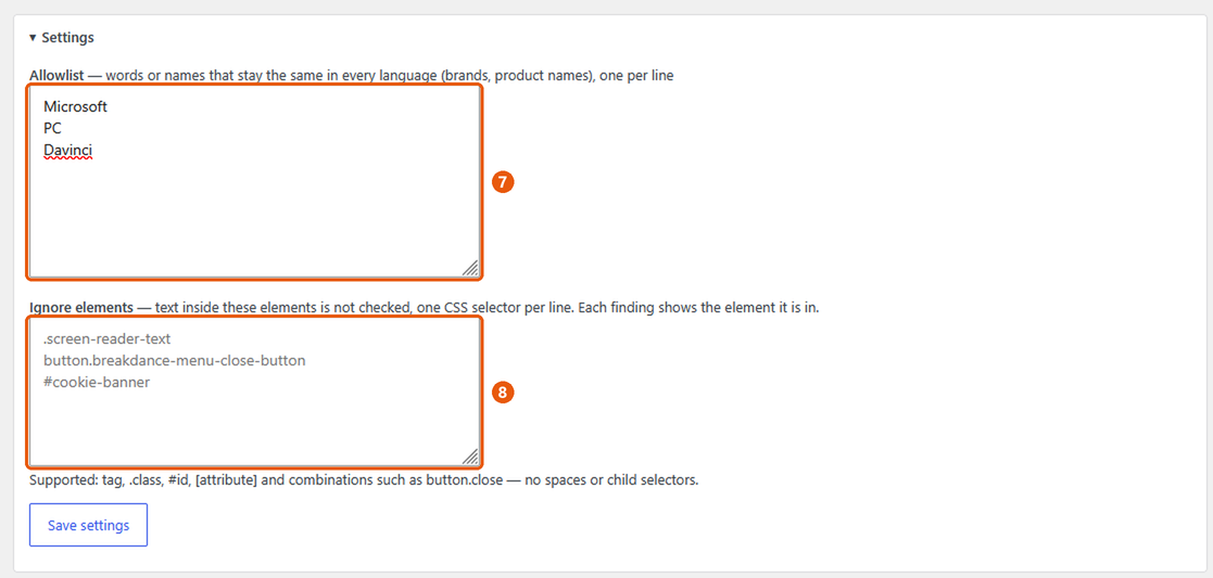 Settings: allowlist and ignored elements