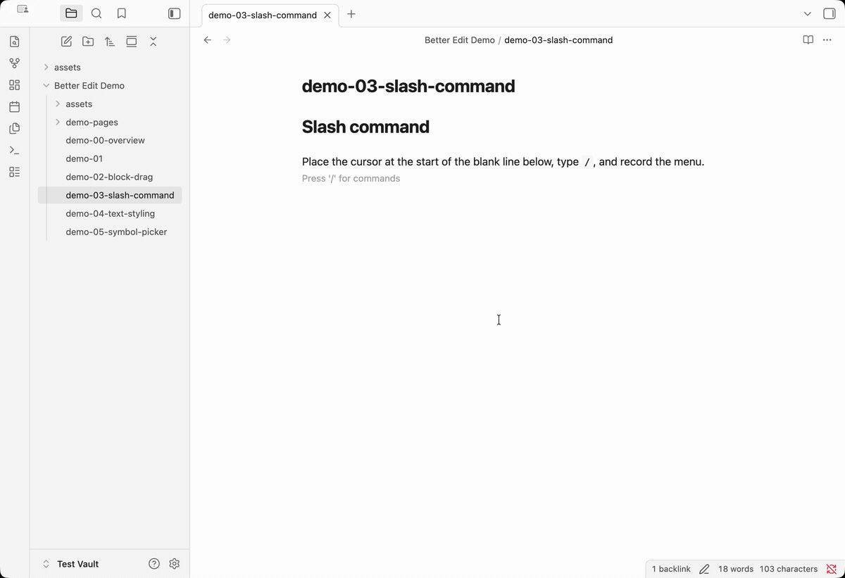 Slash command configuration and insertion demo