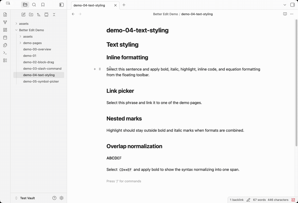 Text styling toolbar and link picker demo