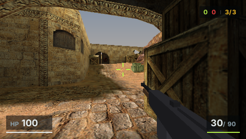 OpenStrike running on a Sony PSP — the sunlit de_dust2 courtyard at 480×272, with the JSX HUD and viewmodel