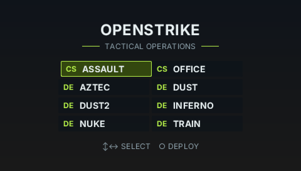 OpenStrike PSP main menu — a two-column map list (all eight CS classics) under the wordmark