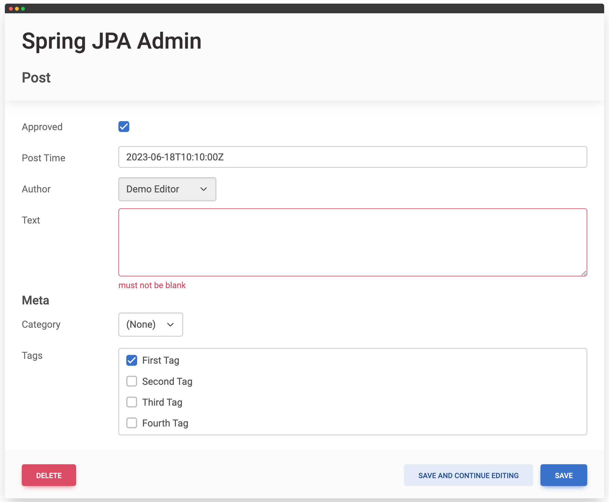 Edit Form validation error