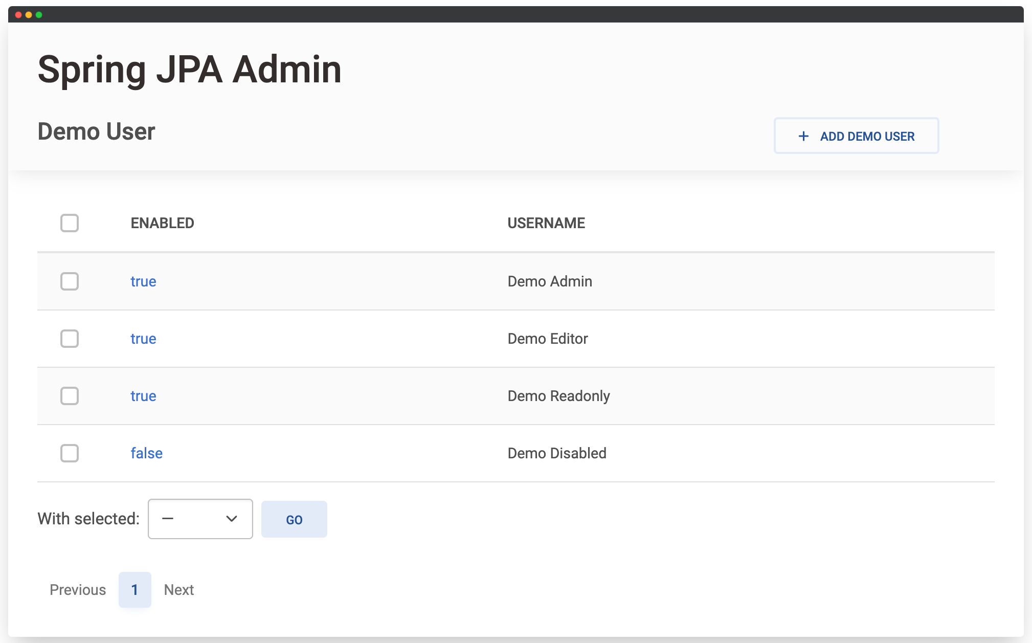 Demo User list view