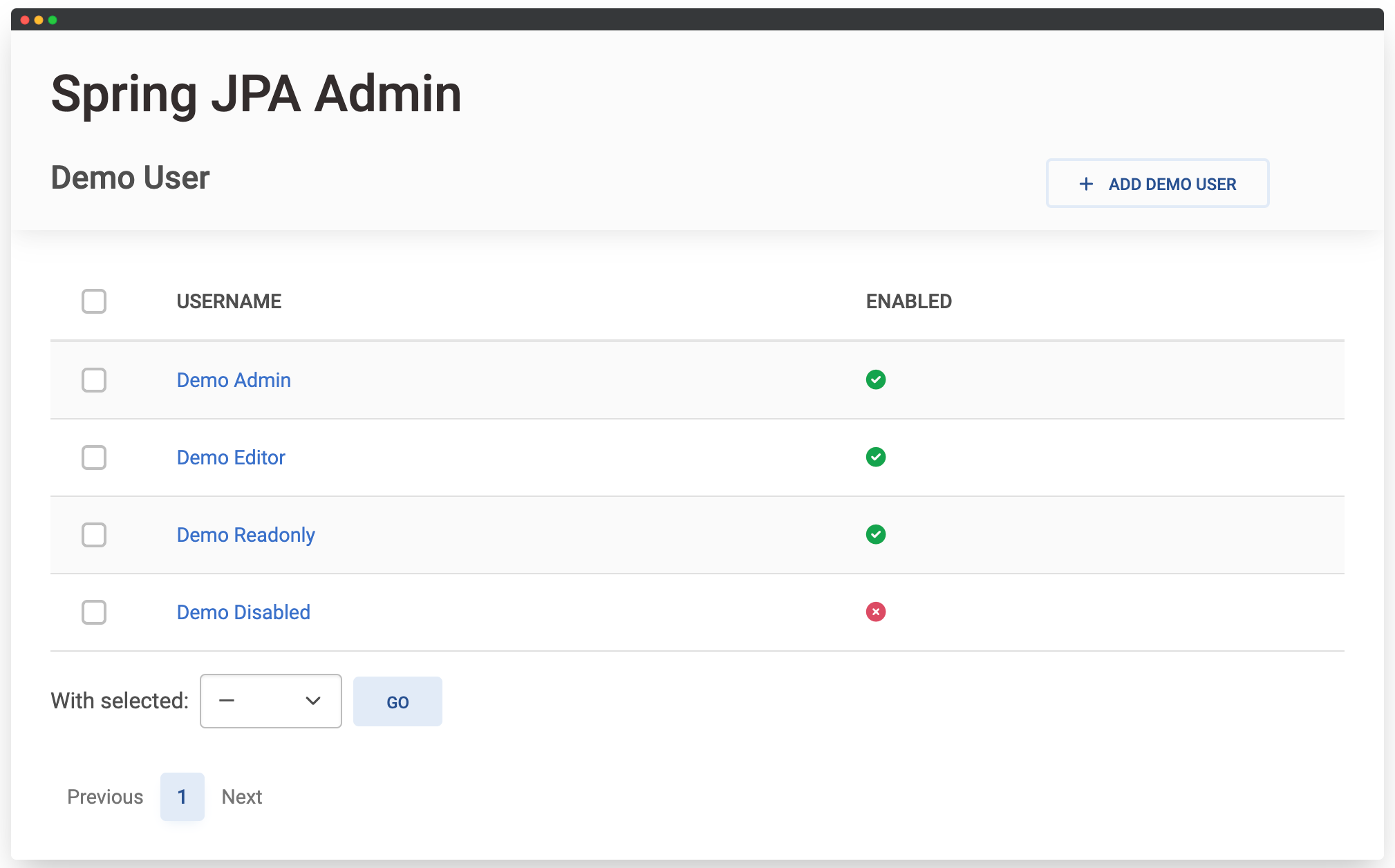 Demo User list view rearranged