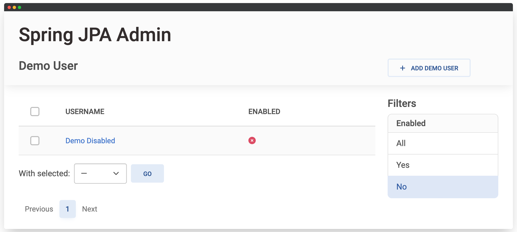 Demo User list view with filter