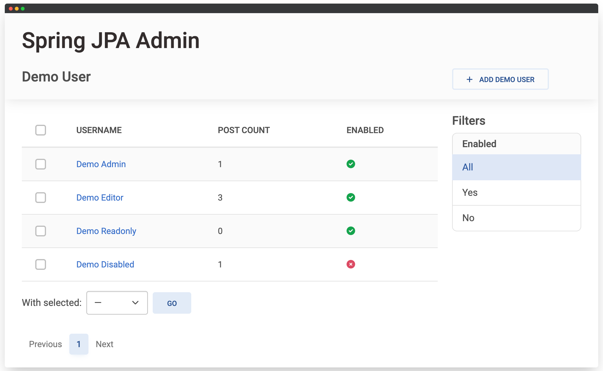Demo User list view with custom field