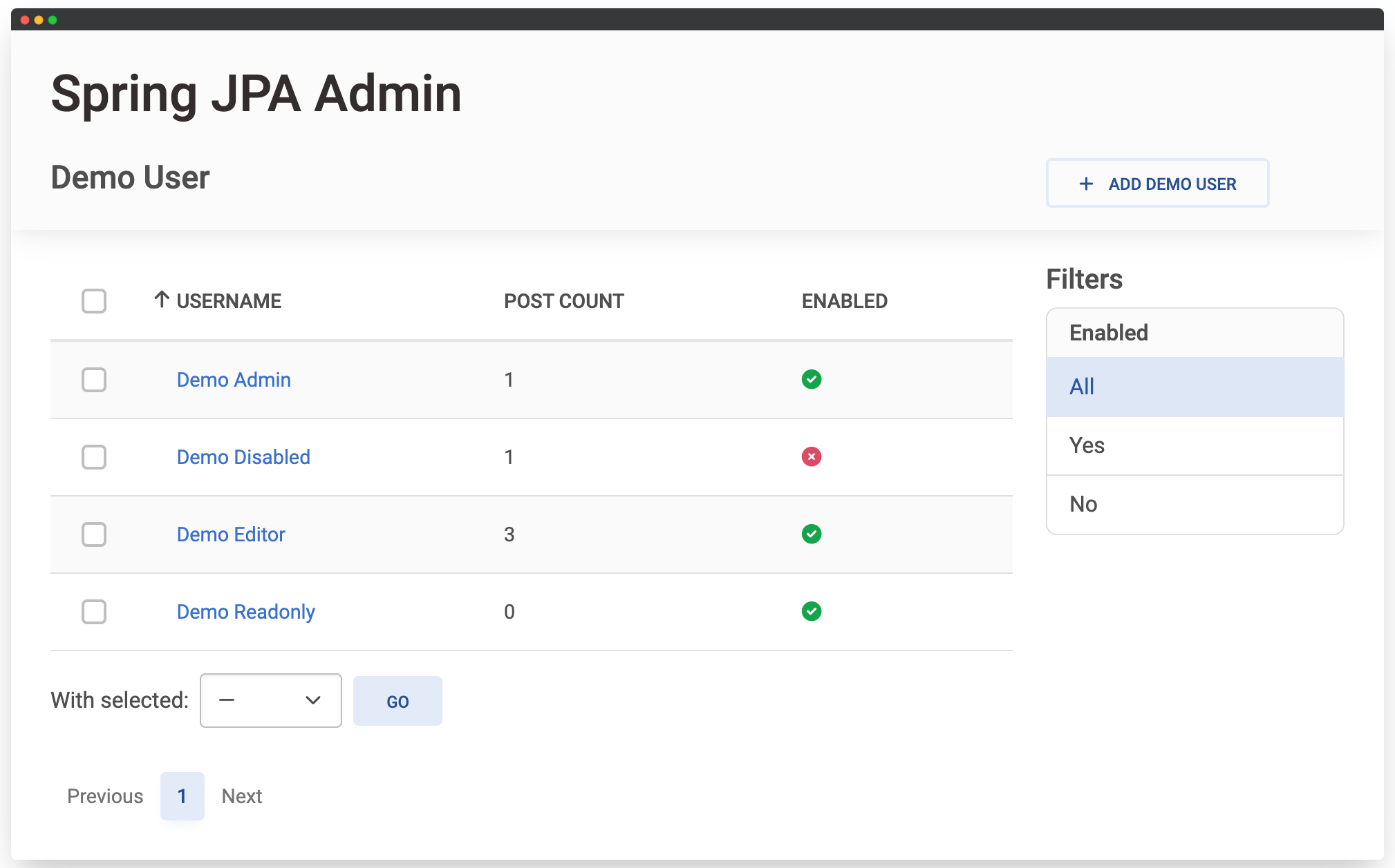 Demo User list view with sorting