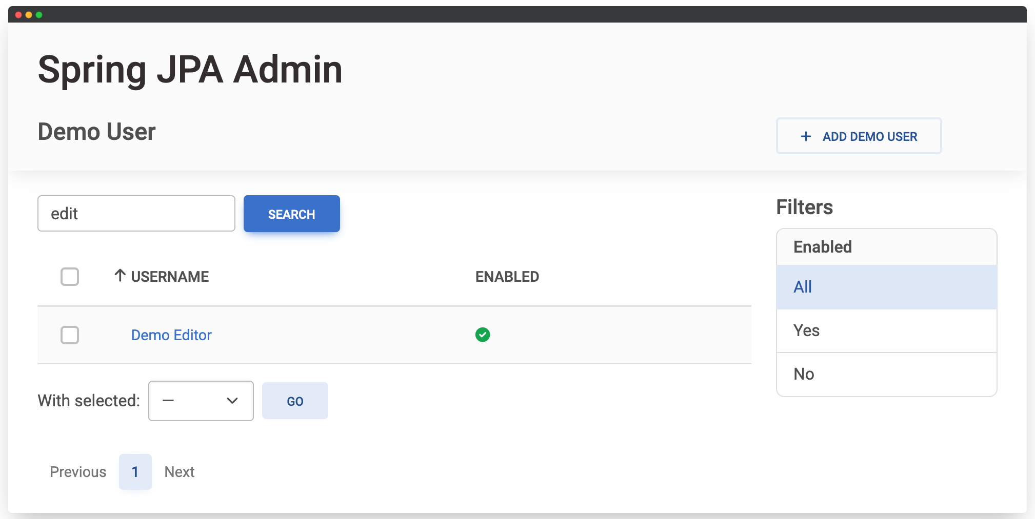 Demo User list view with search field
