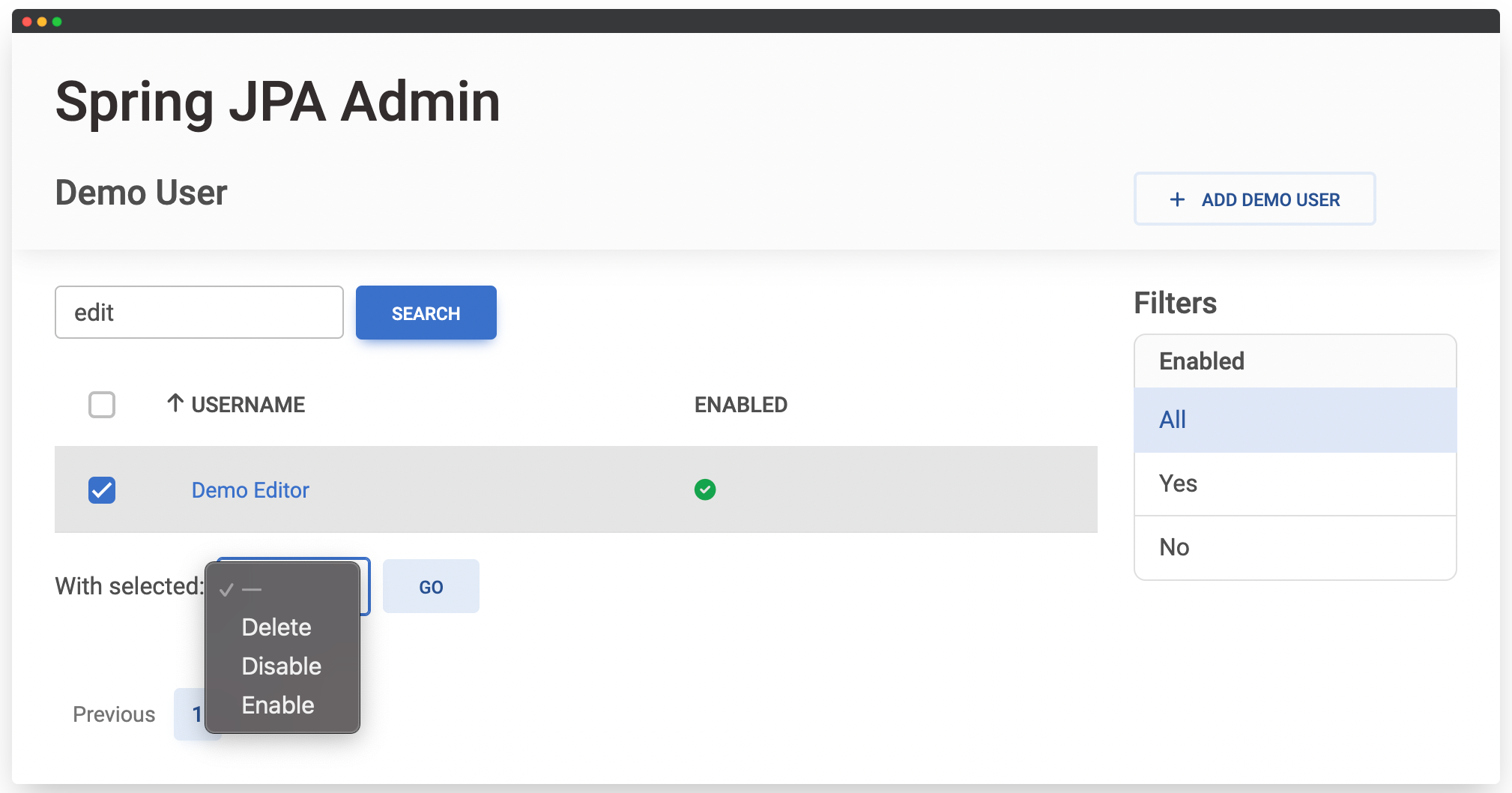Demo User list view with custom actions