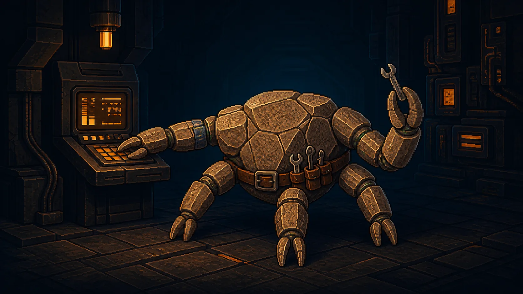 Pixel art of Rocky, a faceless five-limbed mineral engineer, working at a terminal