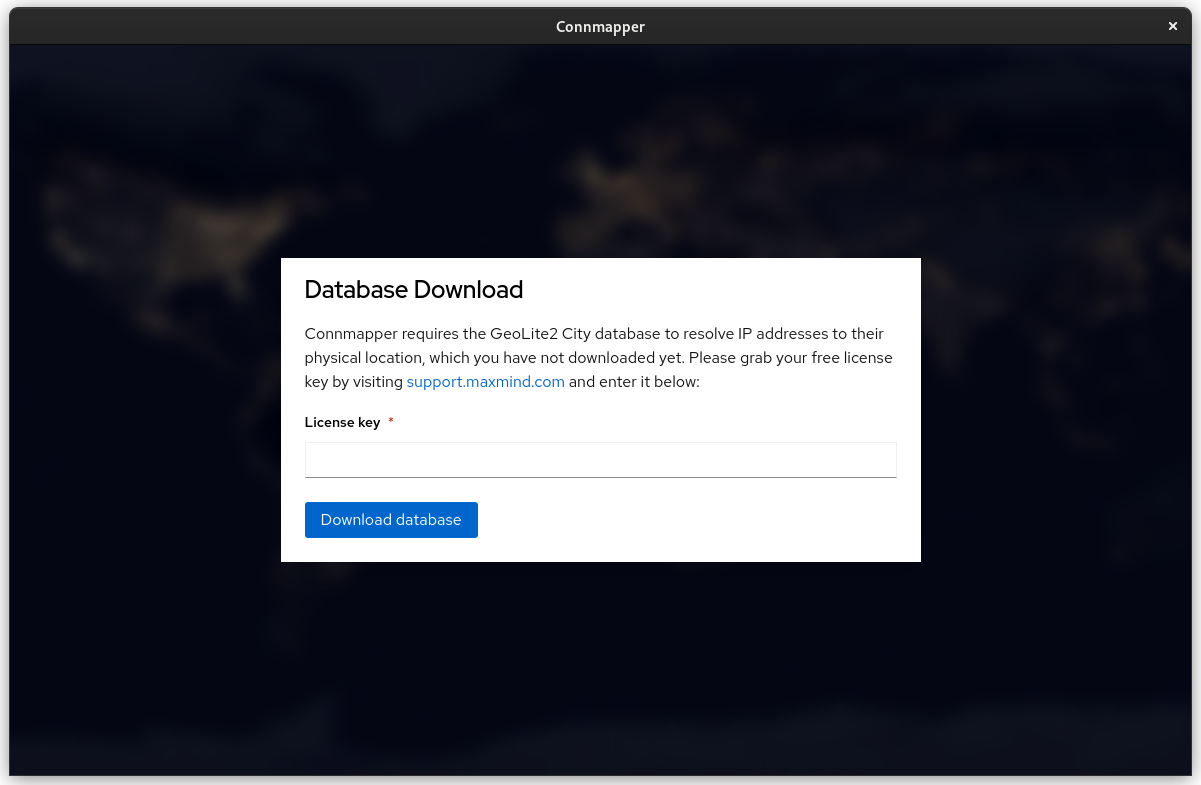 A screenshot of the license key/DB download screen