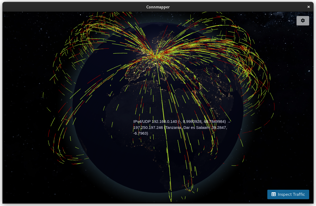 A screenshot of the globe on a system with lots of internet connections while hovering over one of them