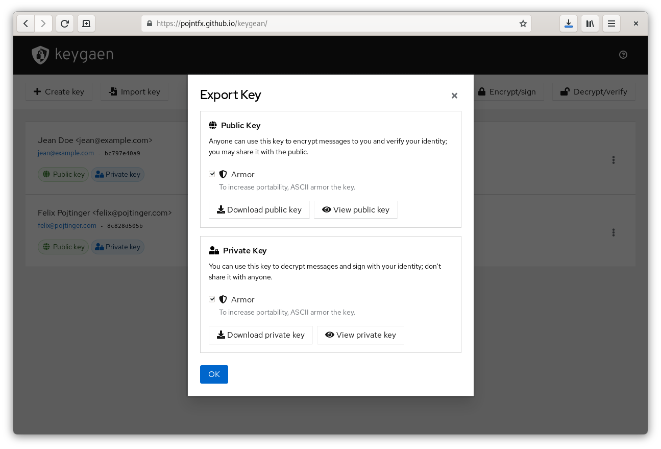 Screenshot of the export key modal