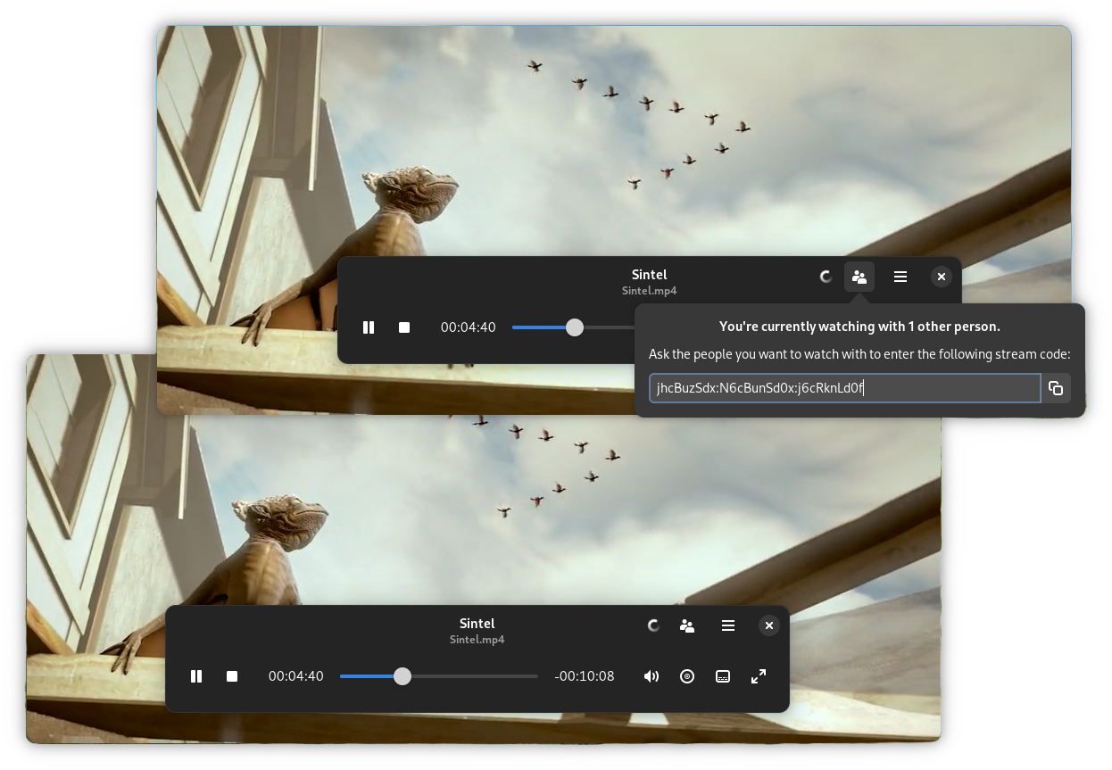 Screenshot of two peers synchronizing playback