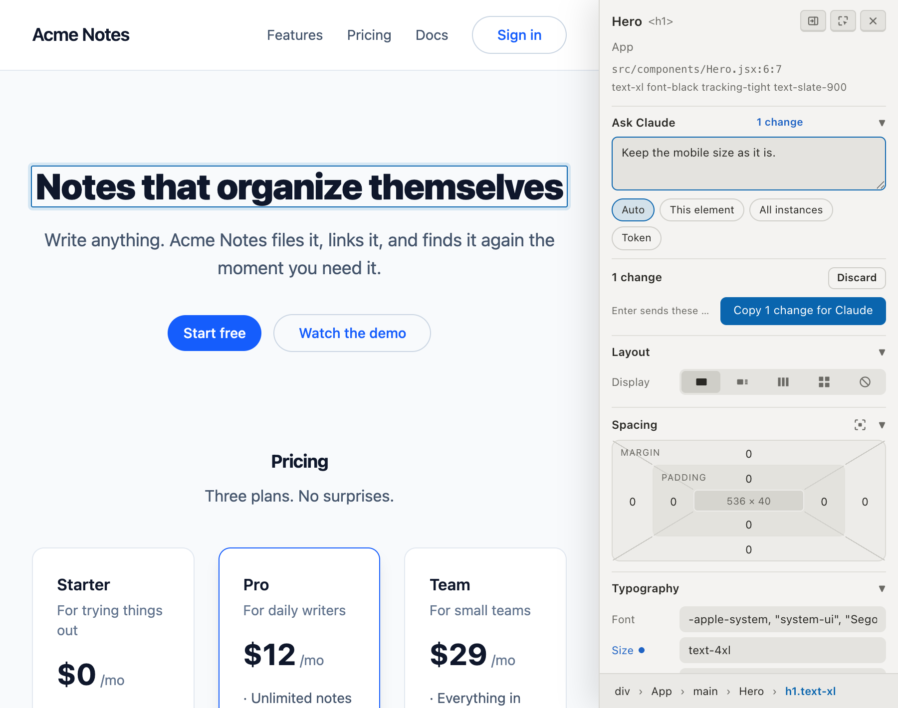 The Design Mode sidebar open on a running app: the selected heading, the file and line that rendered it, and its design tokens