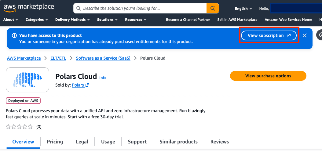 Polars Cloud listing with the View subscription banner