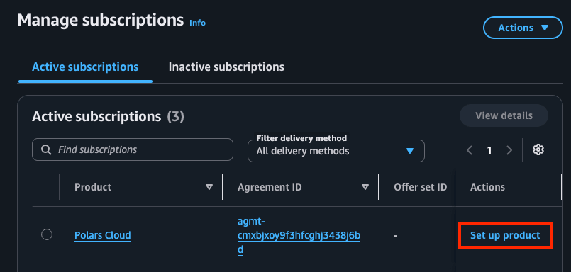 Manage subscriptions page with the Set up product button