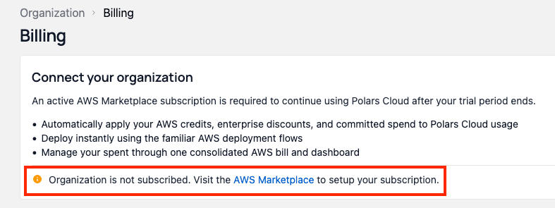 Billing page showing the organization is not subscribed