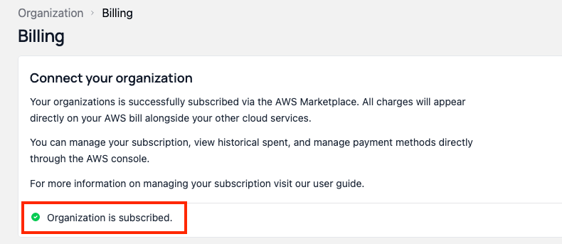Billing page showing the organization is subscribed