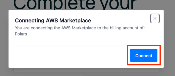 Connecting AWS Marketplace confirmation dialog