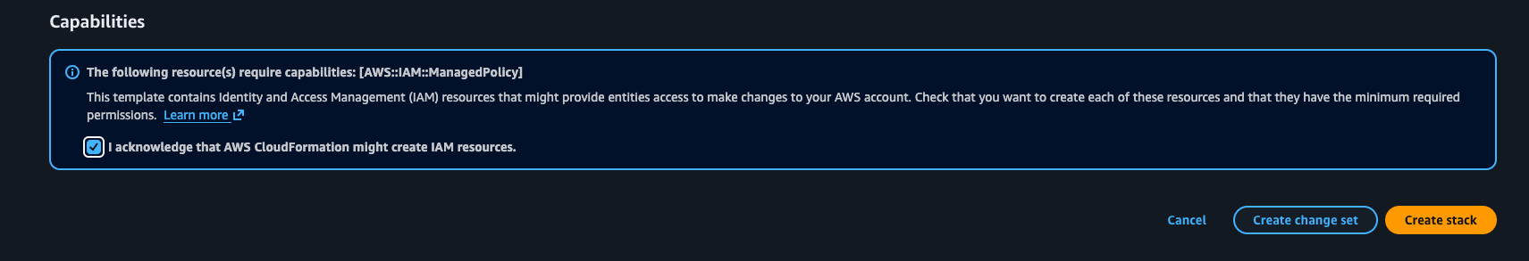 AWS CloudFormation IAM capabilities acknowledgment before creating the stack