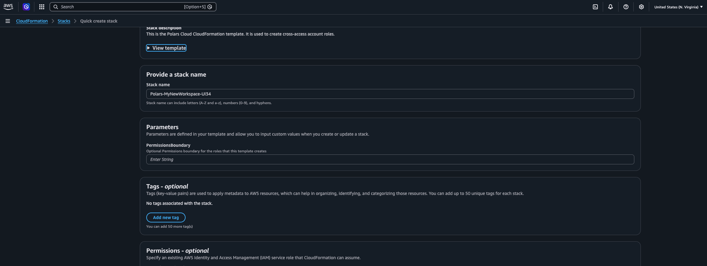 CloudFormation quick-create page pre-filled with the Polars Cloud template