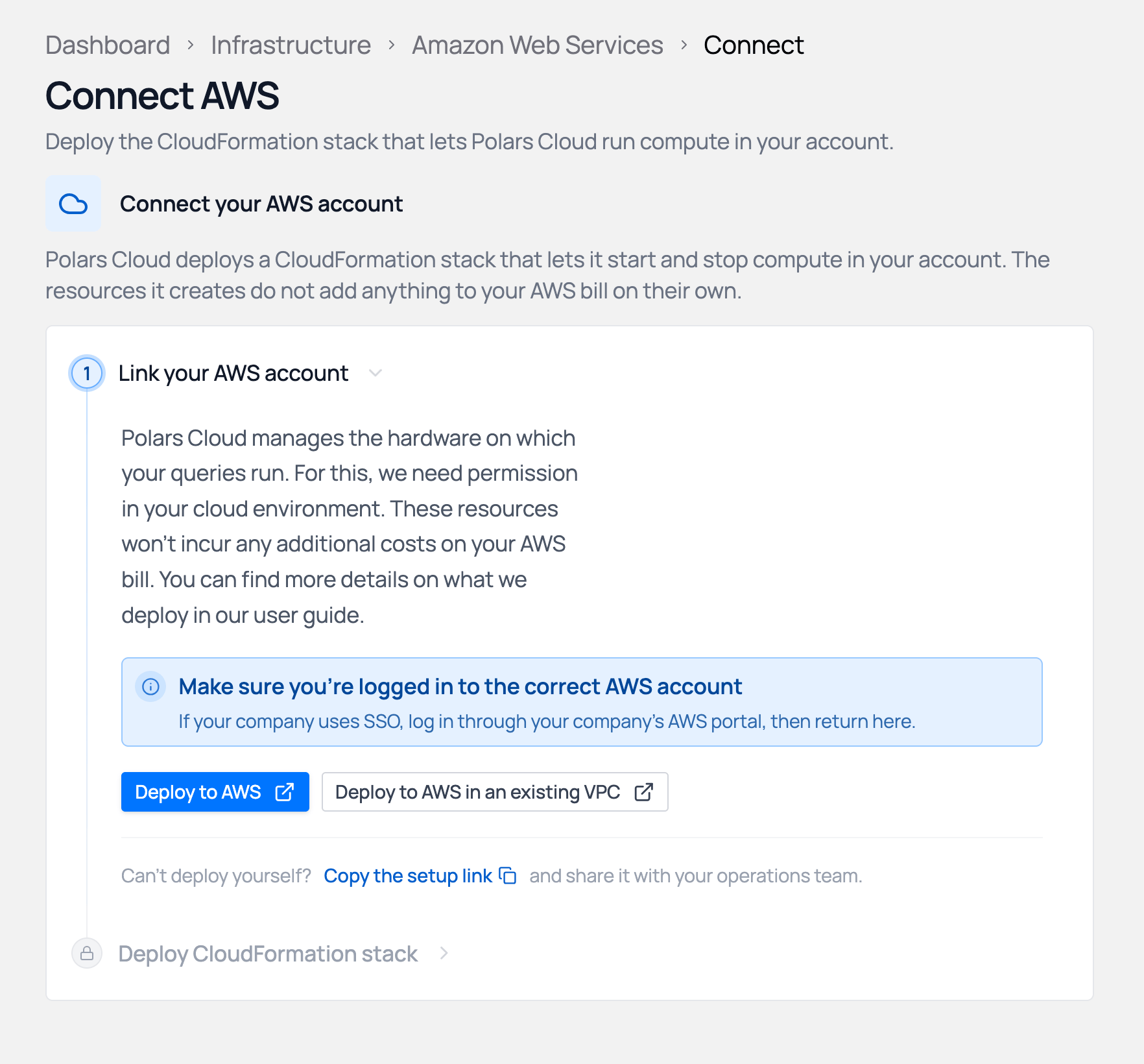 Connect AWS page with step 1, Link your AWS account, expanded